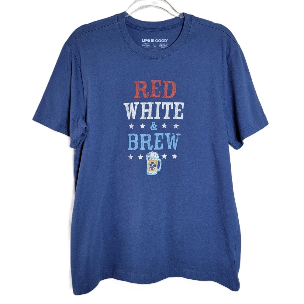 Life Is Good Mens‎ T Shirt Red White Brew Beer Graphic Tee Blue Size Large